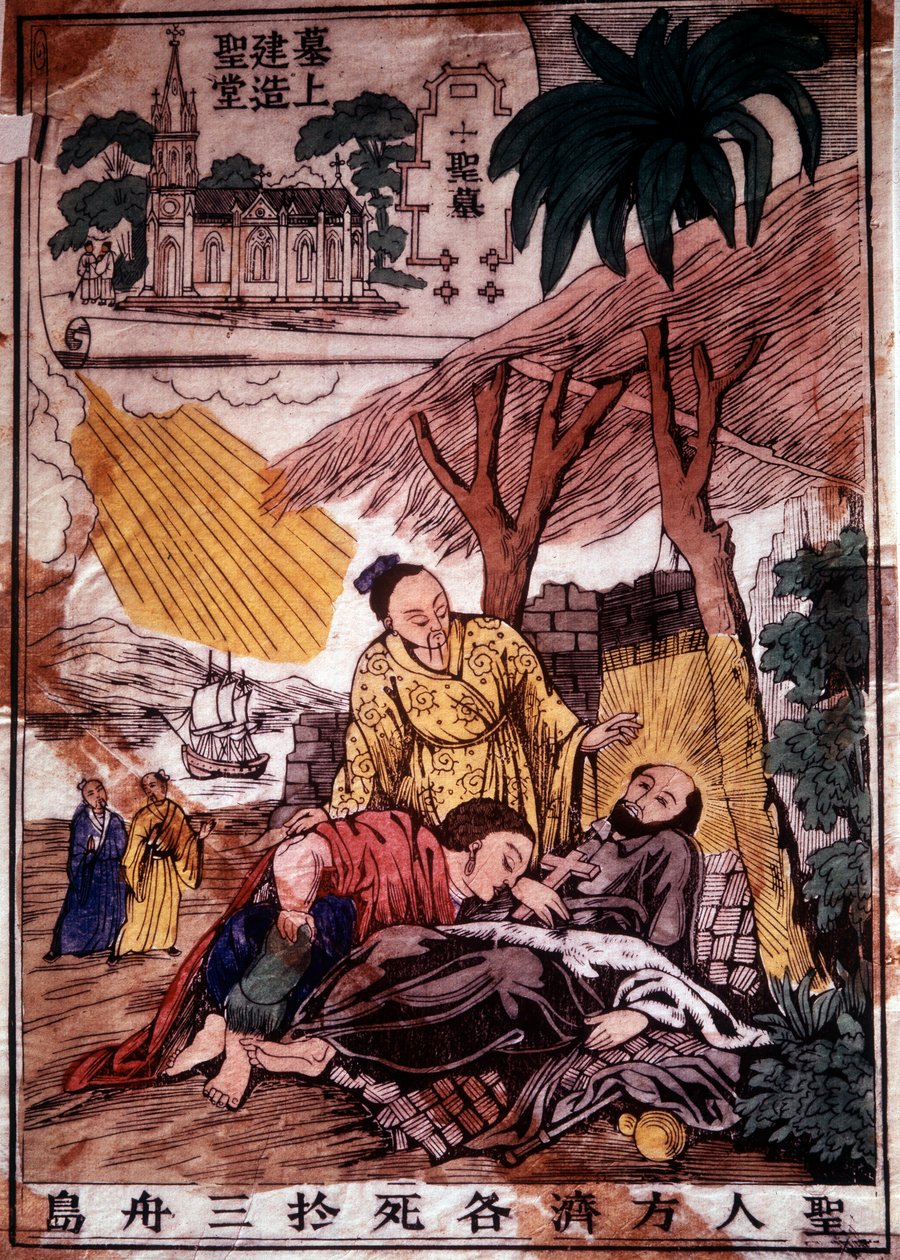 La muerte de San Francisco Javier (1506-1552), misionero jesuita español, uno de los fundadores de la Compañía de Jesús en China (grabado del siglo XIX) de Unknown artist