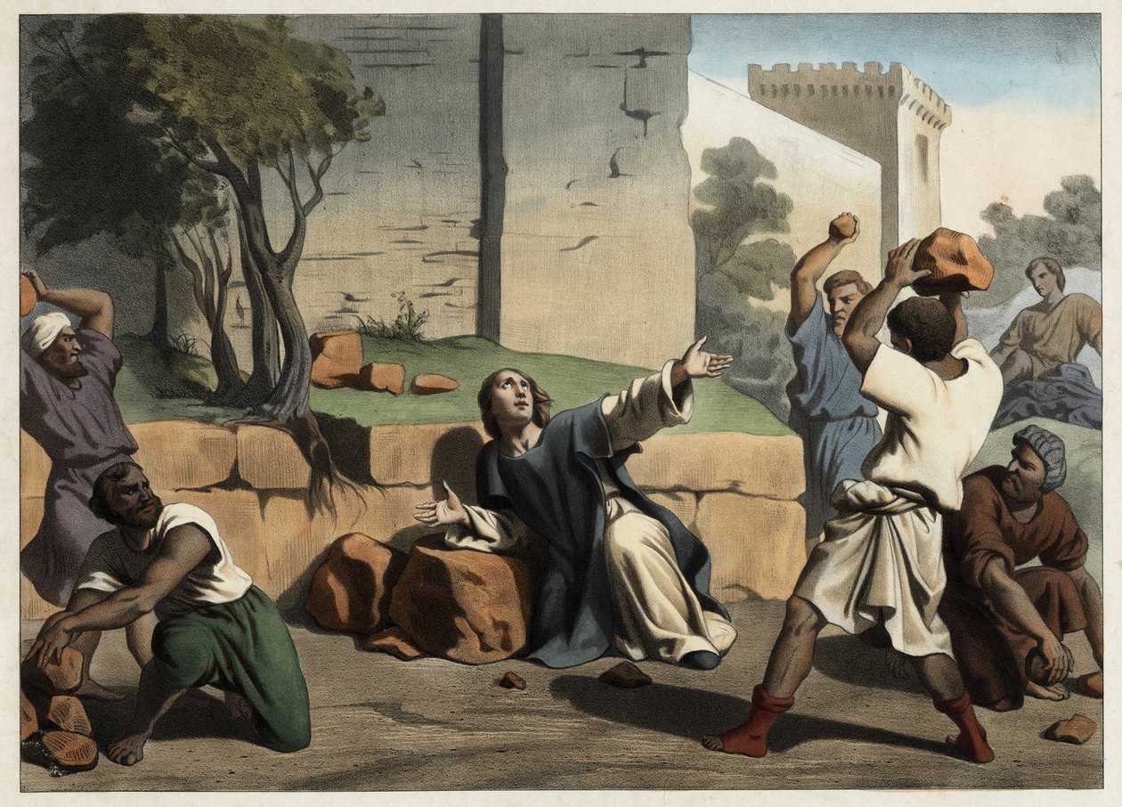 La muerte de San Esteban: San Esteban apedreado por los judíos es considerado el primer mártir cristiano. Grabado anónimo de mediados del siglo XIX. de Unknown artist