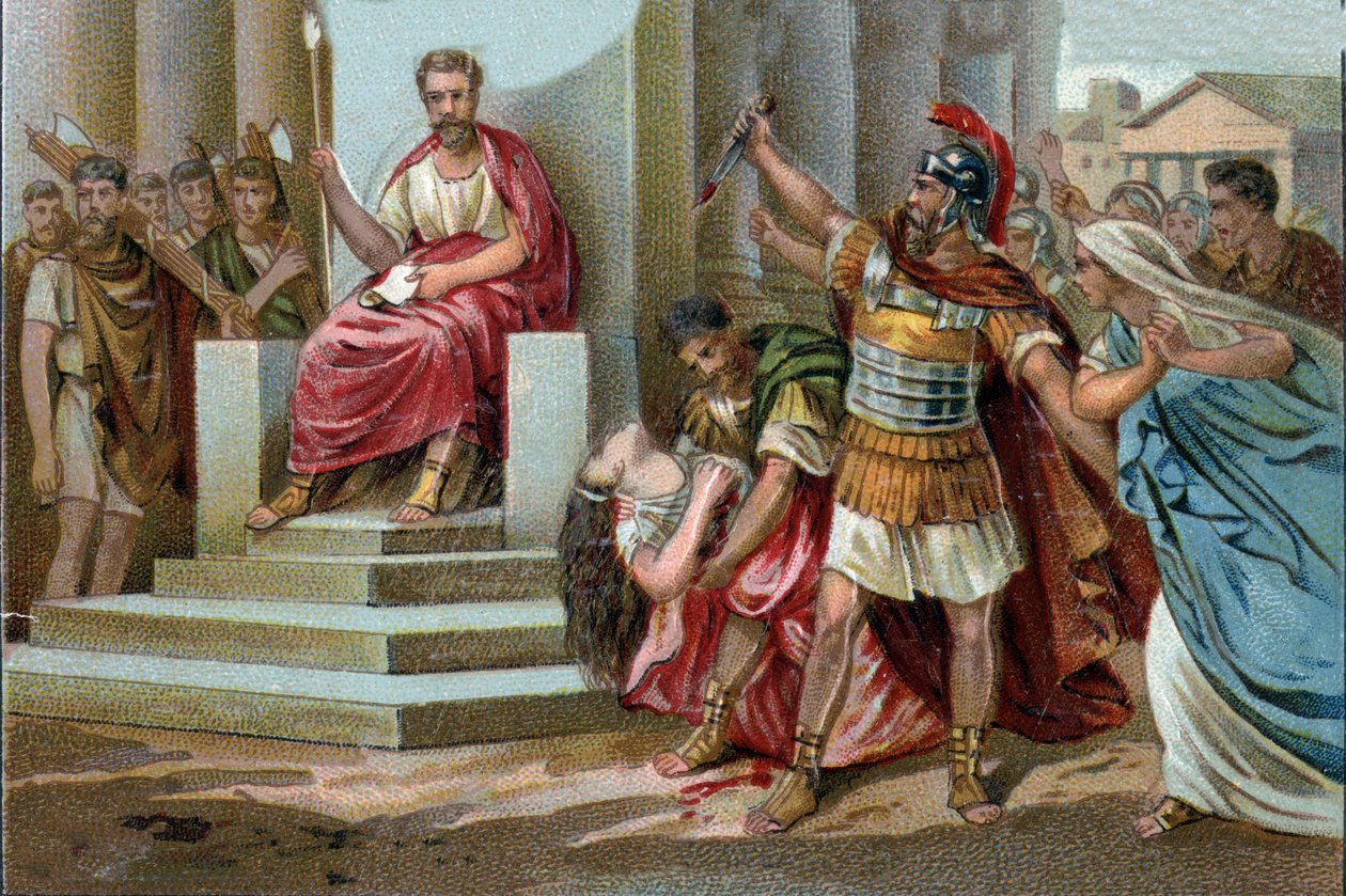 La muerte de Virginia en 449 a.C., Apio Claudio, decemviro bajo la República de Roma, reclama a Virginia (Verginia), hija del Centurión Virginius (Verginius) de la cual está enamorado, como su esclava. Abusando de su poder, la hace detener. de Unknown artist