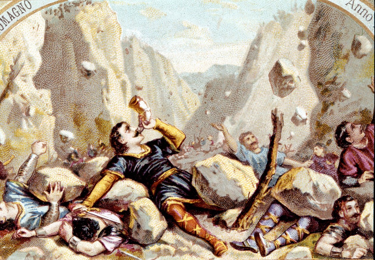 La muerte del caballero Roldán, sobrino de Carlomagno, en la Batalla de Roncesvalles, 778. Cromolitografía alrededor de 1900 de Unknown artist