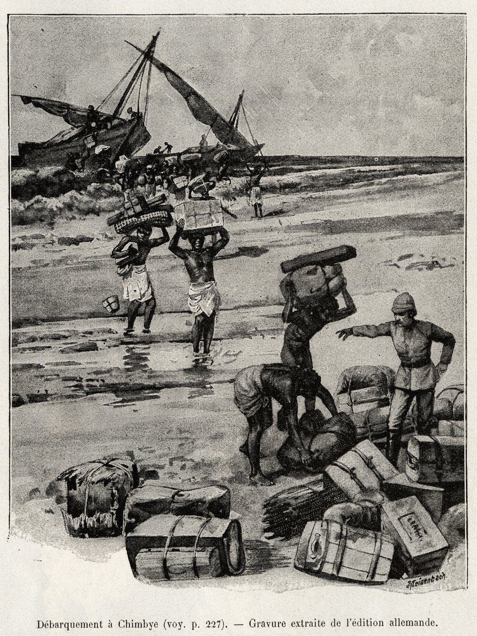 El desembarco en Chimbye (Tanzania) de la expedición de Peters. Grabado para ilustrar la historia “Au secours d
