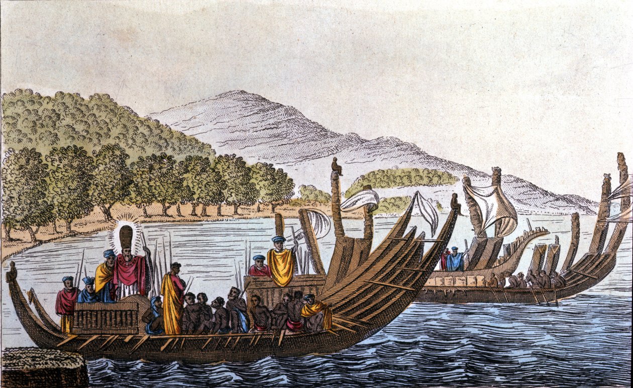 El departamento de polinesios para el Pacífico a bordo de canoas de doble casco. Litografía de principios del siglo XIX de Unknown artist