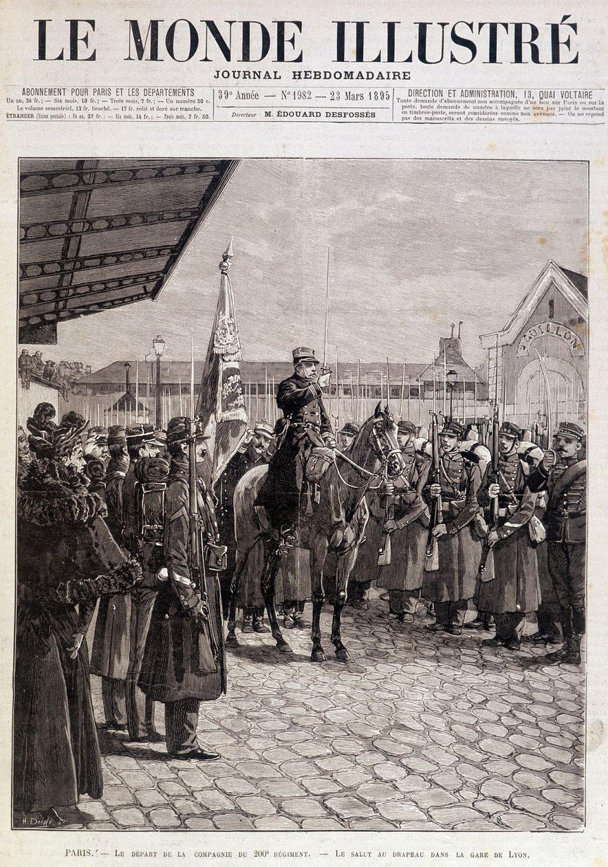 La partida de la Compañía del 200º Regimiento. Saludo a la bandera en la Gare de Lyon. "El Mundo Ilustrado". 23/03/1895. Dibujo. de Unknown artist