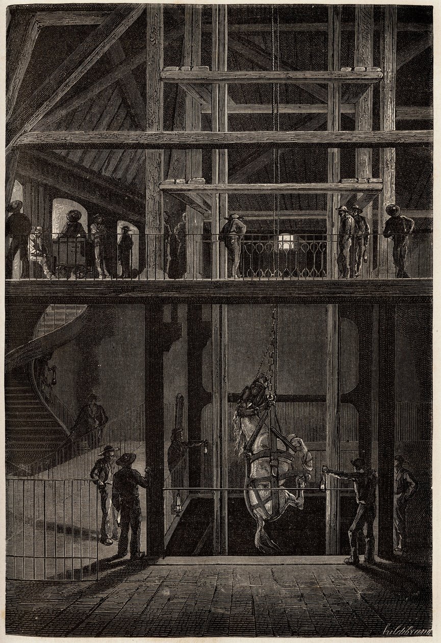 El descenso de un caballo en las minas de Creusot, utilizado en túneles subterráneos para el transporte de carros de carbón. Grabado para ilustrar un viaje a Creusot y las minas de Saona y Loira, en 1865, por L. Simonin, en “Le tour du monde, nouveau journ de Unknown artist