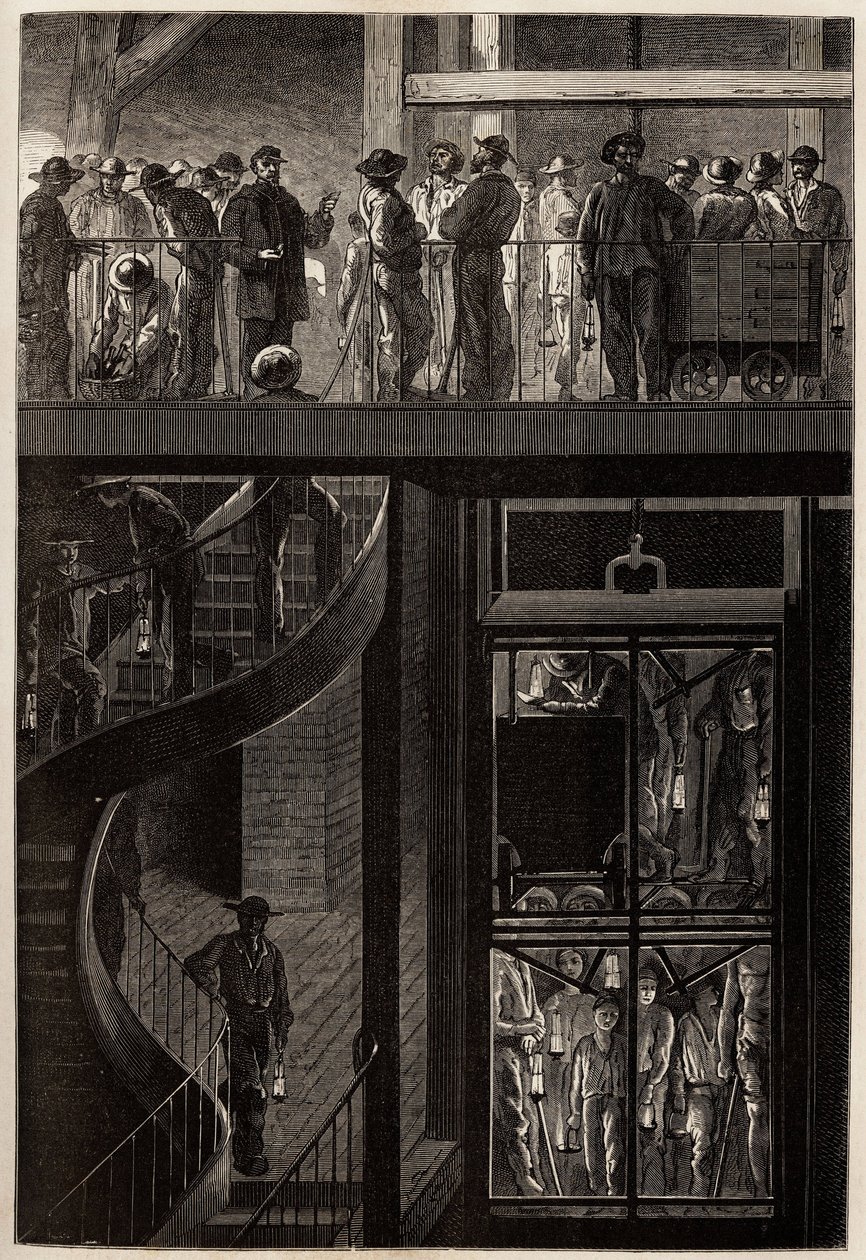 El descenso de mineros (hombres, mujeres y niños) a través de la jaula del ascensor a las galerías subterráneas de las minas de carbón de Creusot. Grabado para ilustrar un viaje a Creusot y las minas de Saona y Loira, en 1865, por L. Simonin, en “Le tour d de Unknown artist