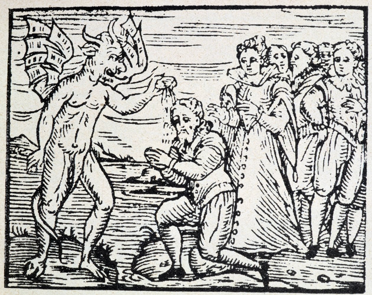 El diablo bautizando a hombres y mujeres en oración - grabado de Unknown artist