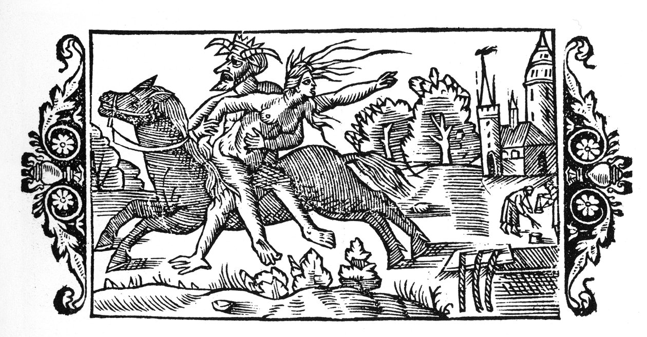 El diablo llevando a una bruja - en "Historia de Gentibus Septentrionalibus" de Olaus Magnus, Roma 1555 de Unknown artist