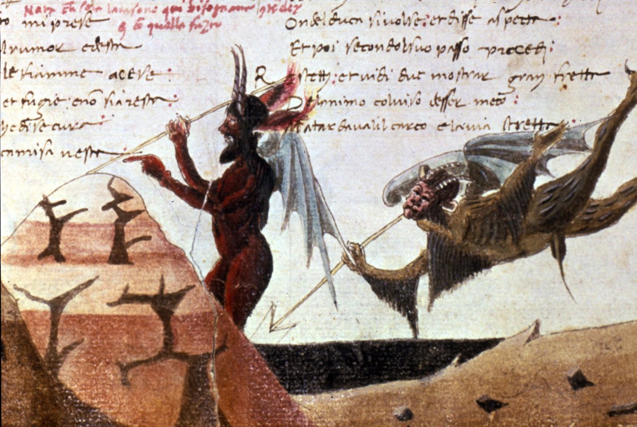 Los demonios en un círculo del infierno según una edición manuscrita de la Divina Comedia de Dante Alighieri del siglo XIV. Bibl.Trivulziana Milán. de Unknown artist