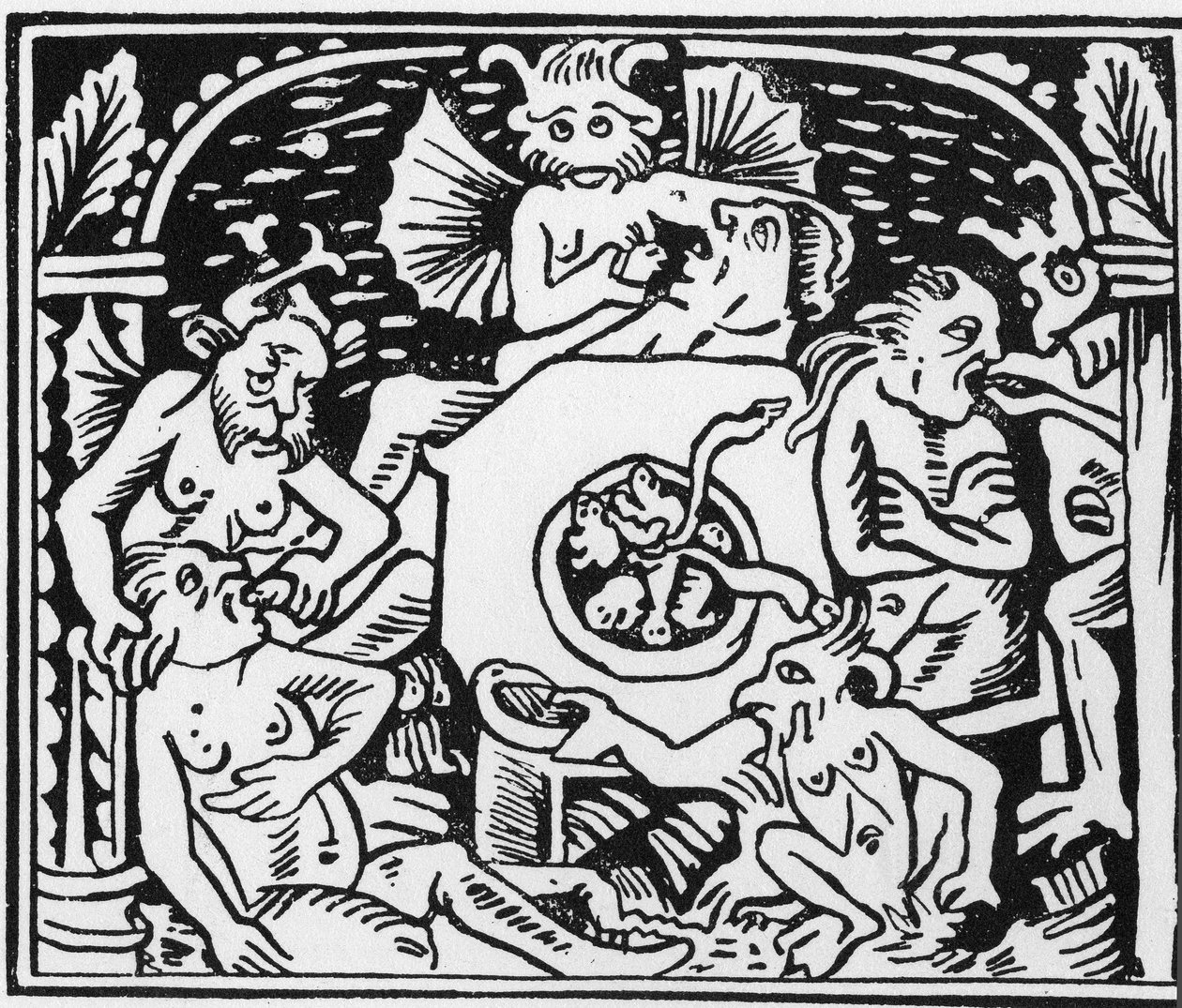 Los demonios atormentadores obligan a los glotones a comer sapos y serpientes - Grand Calendrier et Compost des Bergers, Lyon de Unknown artist