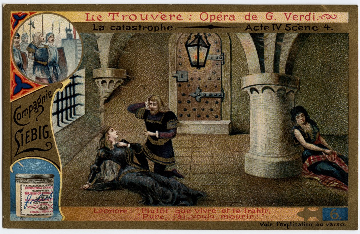 El acto IV escena 4 del desastre. Ilustración para la ópera “Il trovatore” de Giuseppe Verdi (1813-1901). Cromolitografía (Cromo) Liebig de finales del siglo XIX. de Unknown artist