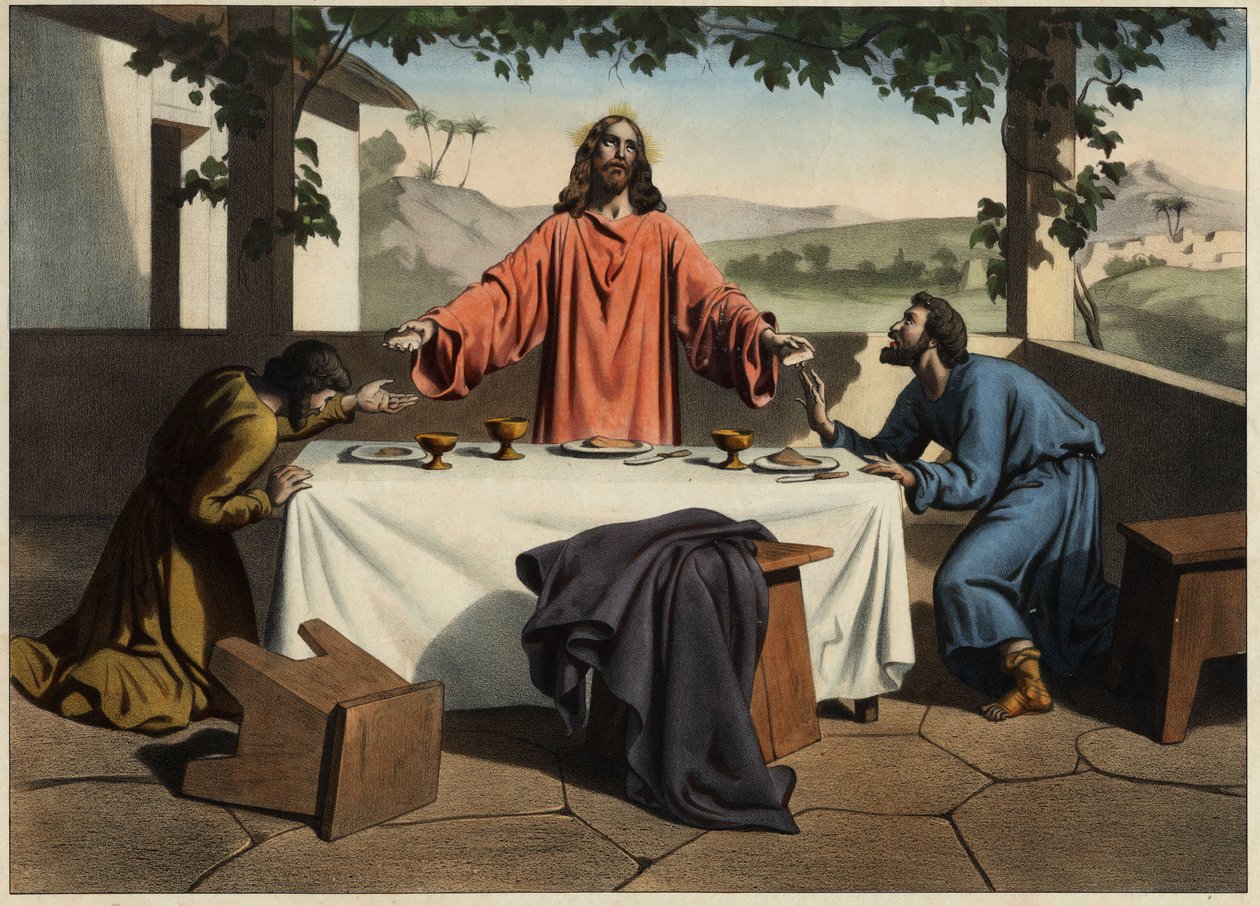 Los discípulos de Emaús se encuentran con el Cristo resucitado en la noche de Pascua, quien comparte el pan. Grabado anónimo de mediados del siglo XIX de Unknown artist