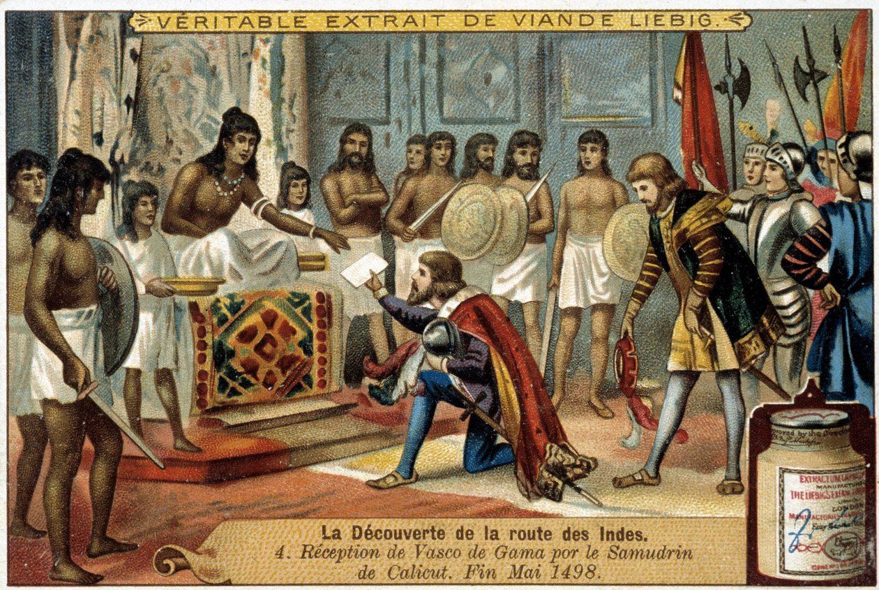 El descubrimiento de la ruta de las Indias: Recepción de Vasco de Gama por el Samudrin de Calicut, finales de mayo de 1498 - viñeta publicitaria Liébig de Unknown artist