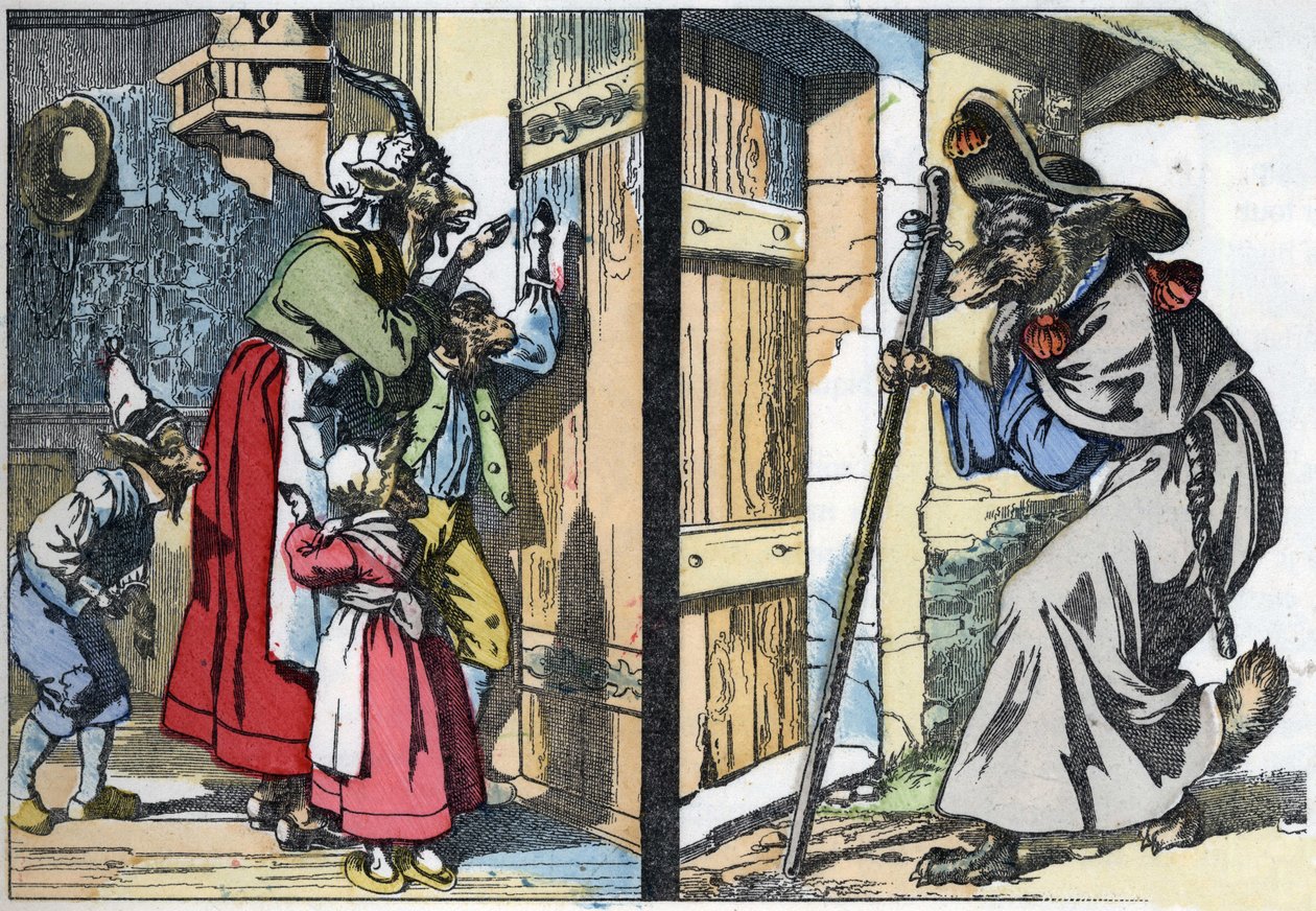El lobo disfrazado llama a la puerta de la casa con la cabra y los cabritillos. Ilustración del cuento "Compere le Loup, Maitre Renard, Comere la Chevre et ses petits biquets" después de una fábula de Jean de la Fontaine. En "Cuentos del hogar para los peq de Unknown artist