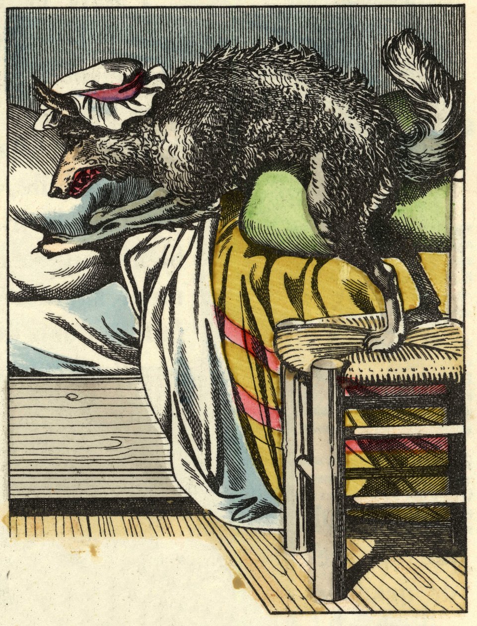 El lobo disfrazado toma el lugar de la abuela en la cama. Ilustración del cuento “Caperucita Roja” de Charles Perrault. de Unknown artist