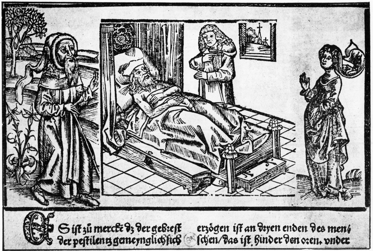 El médico en la cama del pestífero, grabado en madera del “Liber pestilentialis” de Jérôme Brunschwig, Estrasburgo de Unknown artist