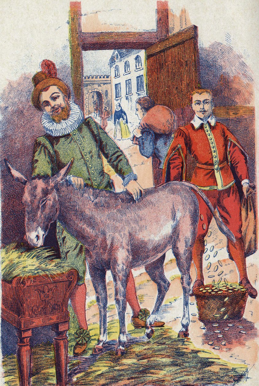 El burro con ecus de oro. Ilustración para el cuento “Piel de Asno” de Charles Perrault (1628-1703), escritor francés. Ilustración anónima. Imágenes de Marcel Vagne, Jarville Nancy, sin fecha (finales del siglo XIX) de Unknown artist