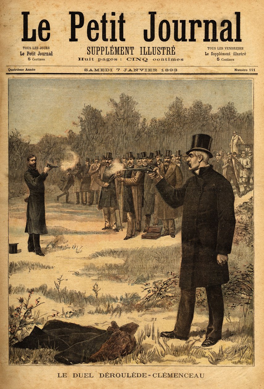 El duelo con pistola (prohibido en Francia desde 1626) entre los diputados Paul Deroulede (1846-1914) y Georges Clemenceau (1841-1929), sin daño. Grabado en “Le petit journal” 7/01/1893. Colección Selva de Unknown artist