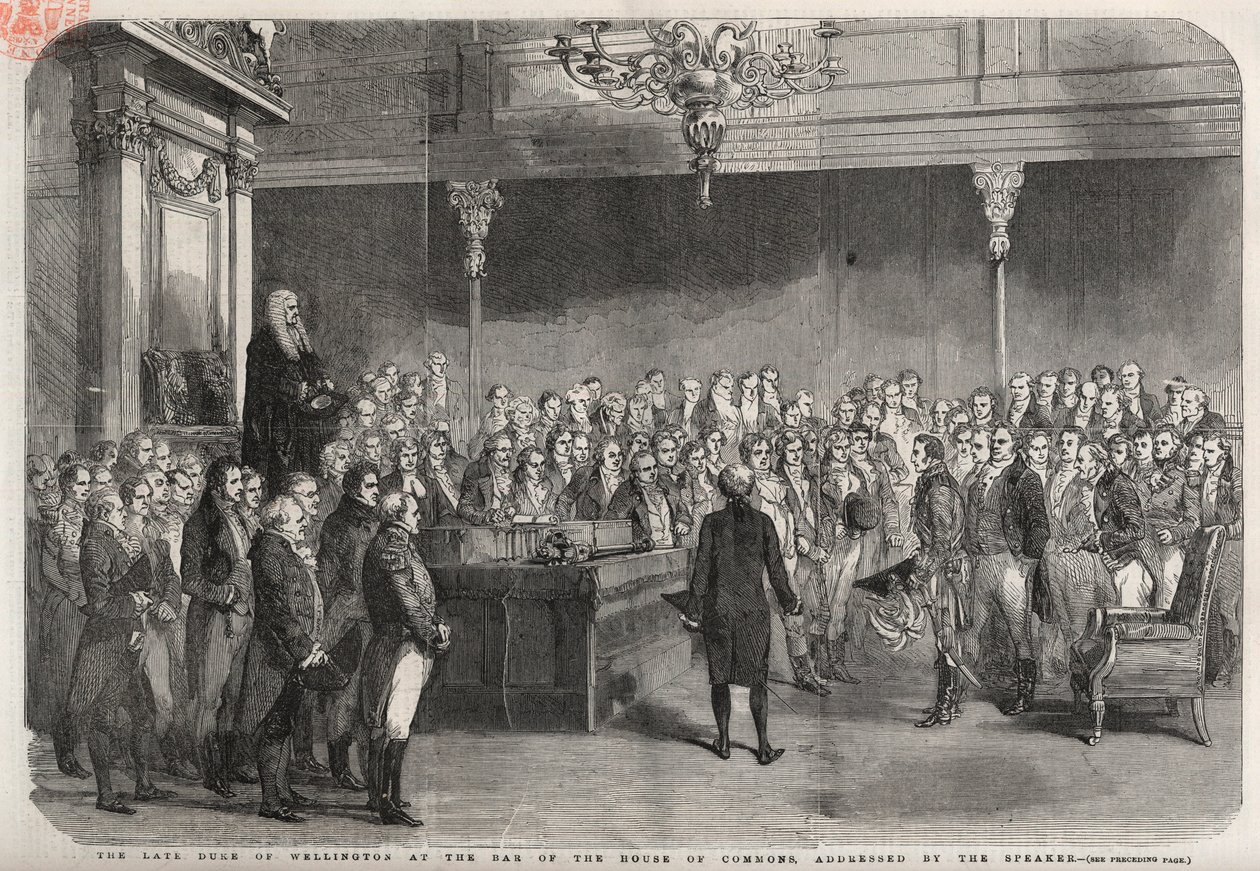 El duque de Wellington (Arthur Wellesley (1769-1852)) en la barra de la Cámara de los Comunes para recibir las felicitaciones del Presidente por su victoria en Vimeiro, Guerra Peninsular de Unknown artist