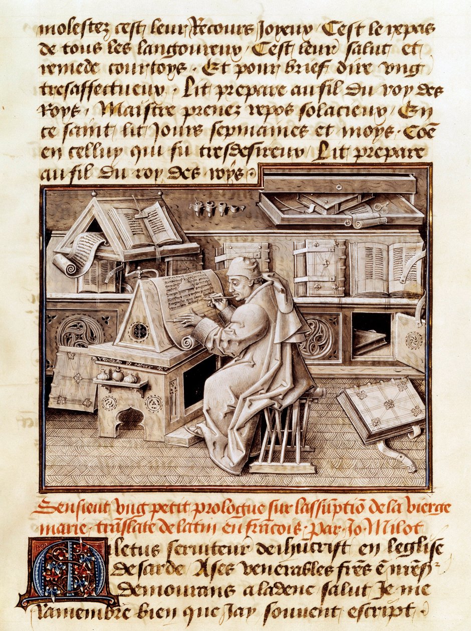 El eclesiástico, copista y traductor Jean Mielot (fallecido en 1472) trabajando en su oficina de Unknown artist