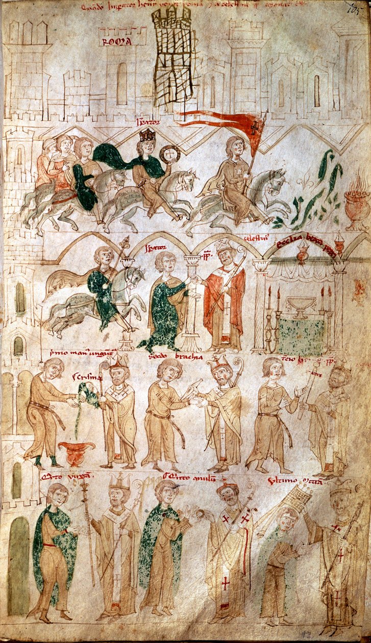 La entrada de Enrique VI del Sacro Imperio (1165-1197) a Roma y su coronación como emperador el 14/04/1191 por el Papa Celestino III. Página tomada del "Liber ad honorem Augusti" de Pietro da Eboli (Pedro de Eboli) - (códice 120, fol 105) siglo XIII Burger de Unknown artist
