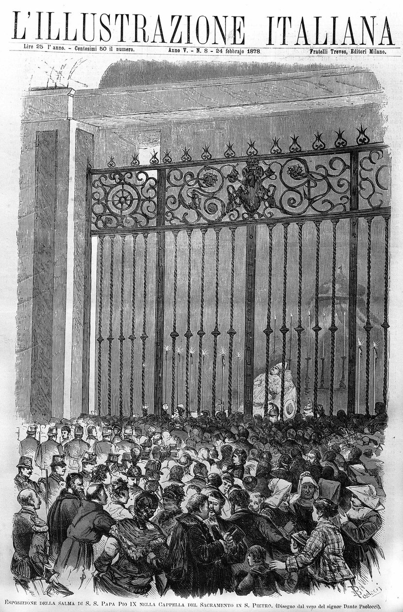 La exposición del cuerpo del Papa Pío IX (1792 - 1878) en la capilla del Sacramento en el Vaticano. Portada de 