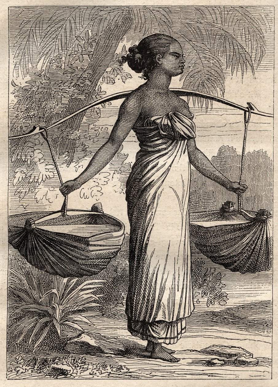La expedición alrededor del mundo (1790-1792) por el Capitán Etienne Marchand (1755-1793): portador de agua en Timor (Timor Oriental, Indonesia) - ilustración tomada de “Los Grandes Marineros del siglo XVIII” de Unknown artist