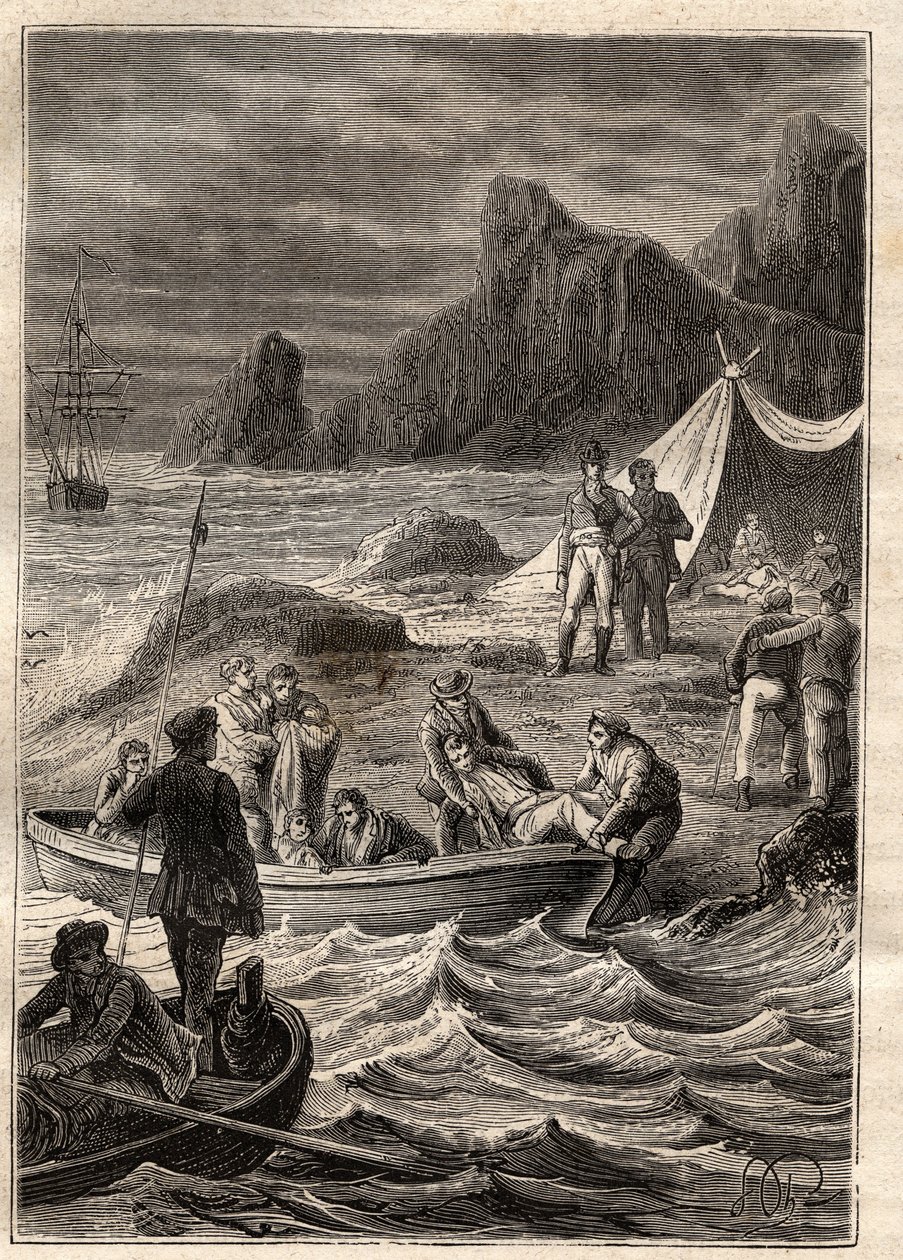 La expedición a las tierras del sur (1800-1803) por Nicolas Baudin (1754-1803): los enfermos de escorbuto fueron transportados a tierra en la Bahía de la Aventura (Tasmania, Australia) - ilustración tomada de "The Great Mariners of the 18th century" de Unknown artist
