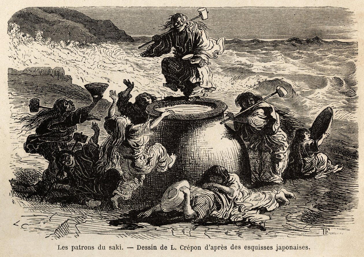 La familia de los inventores del sake, compuesta por padres y sus ocho hijos, jefes colectivos de la cervecería, viven en la costa del gran Océano, llevan un cinturón de hojas de roble y un largo cabello rojizo que les cubre hasta las caderas, brazos de cu de Unknown artist