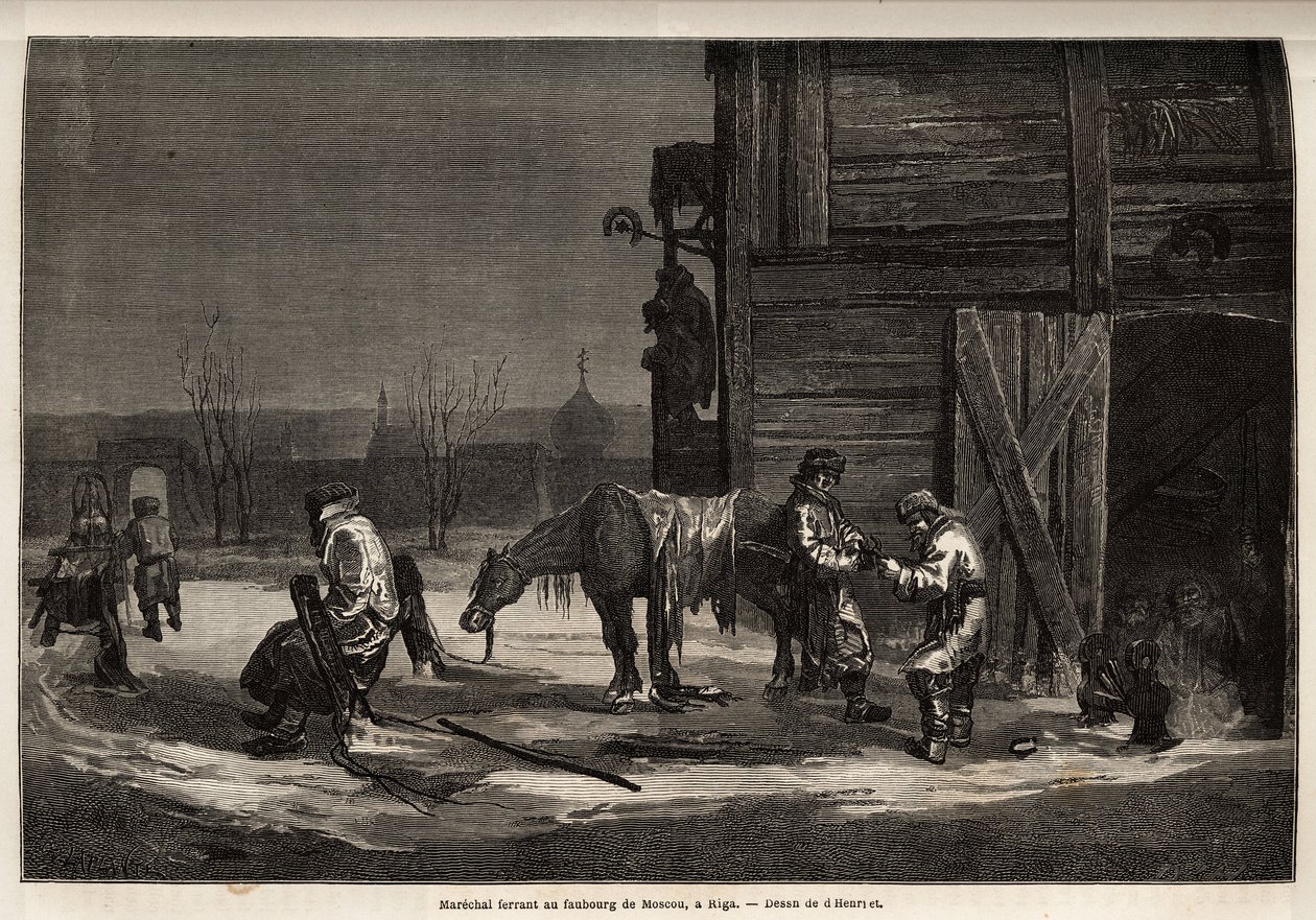 El mariscal ferrante, en el suburbio de Moscú. Dibujo de Henriet para ilustrar su viaje a las provincias bálticas rusas en 1851-54. Grabado en 