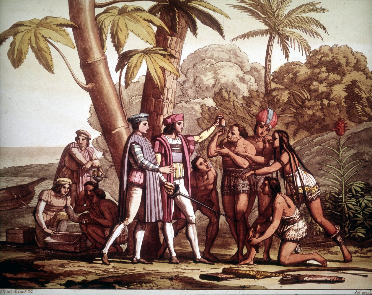 Los primeros indios que aparecieron a Cristóbal Colón a su llegada a América, - en "El traje antiguo y moderno" de Jules Ferrario de Unknown artist