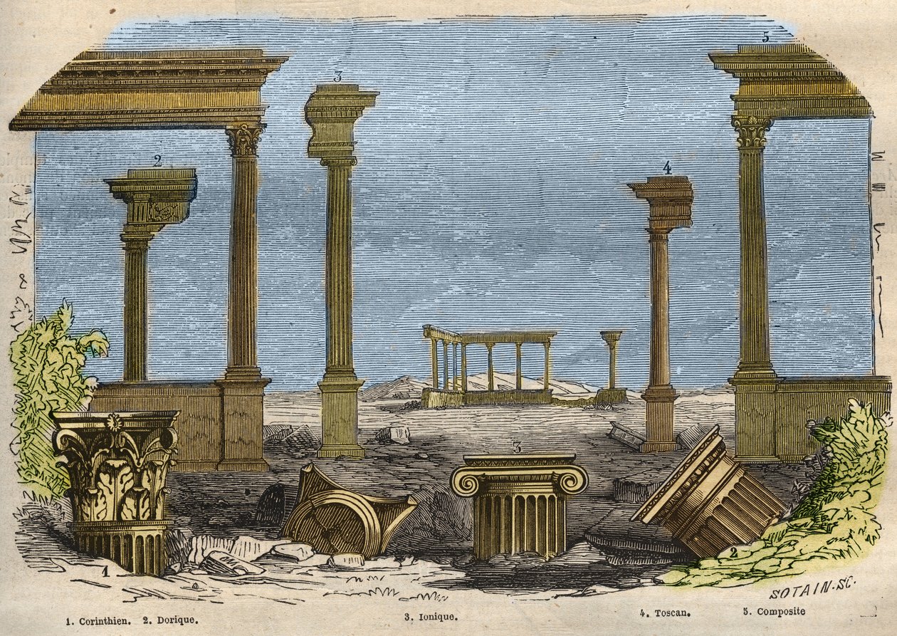 Los cinco órdenes de la arquitectura clásica (antigua): Corintio, Dórico, Jónico, Toscano y compuesto, cada uno representado por una columna. Grabado de 1857 en "Le Musee Des Sciences" de Unknown artist