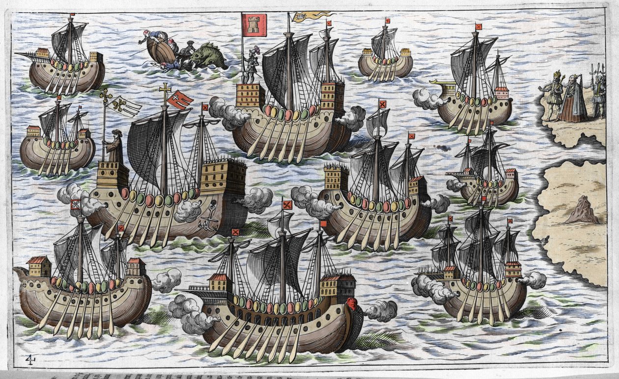 La flota de Cristóbal Colón para conquistar el nuevo mundo - en “Nova Tipus Transacto Navigatio Novi Orbi” por Philoponus Honorius de Unknown artist