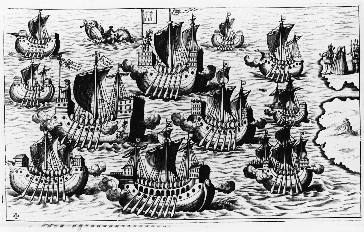 La flota de Cristóbal Colón para conquistar el nuevo mundo - en “Nova Tipus Transacto Navigatio Novi Orbi” por Philoponus Honorius de Unknown artist