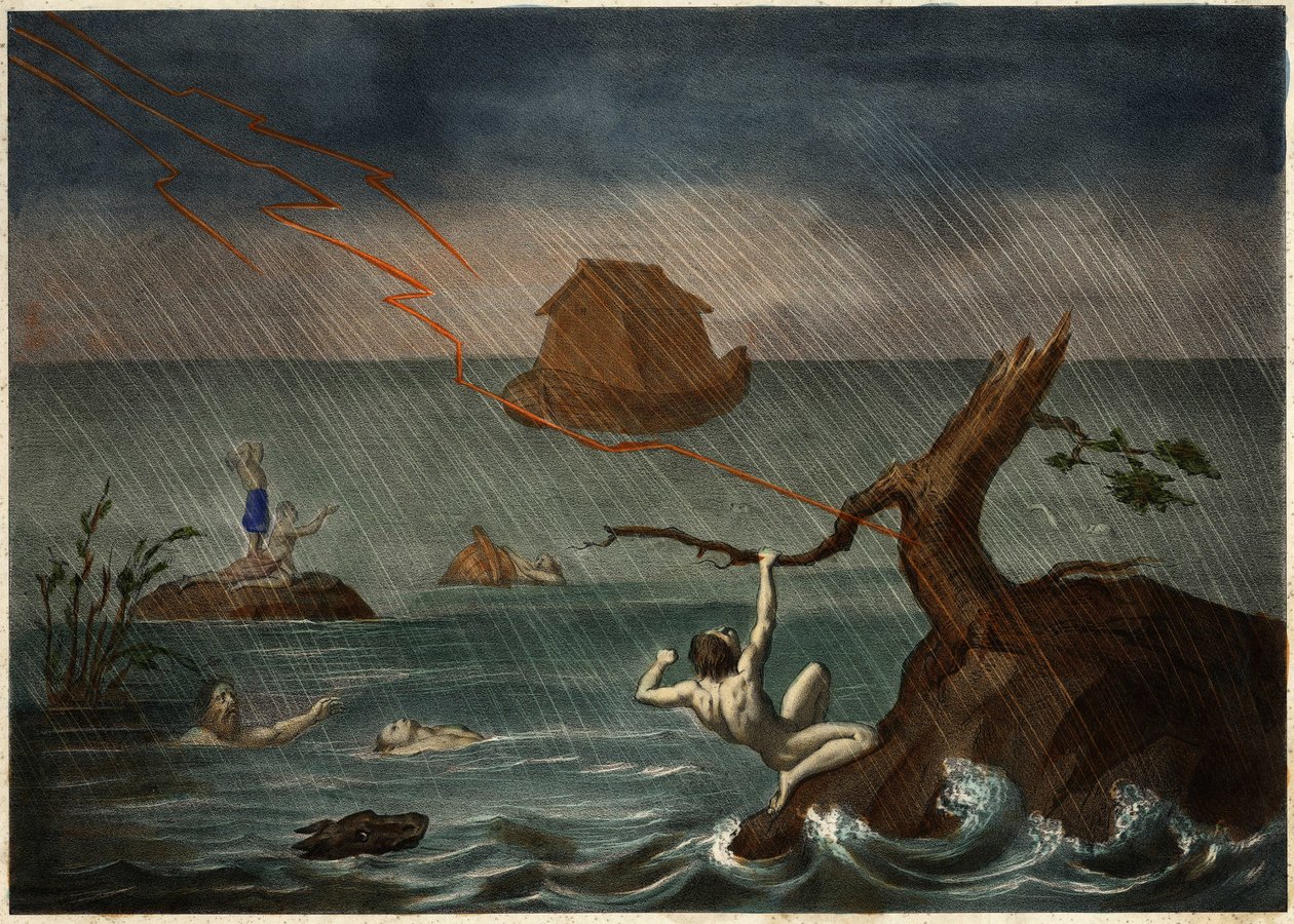 El diluvio con el arca de Noé a lo lejos. Grabado anónimo de mediados del siglo XIX de Unknown artist