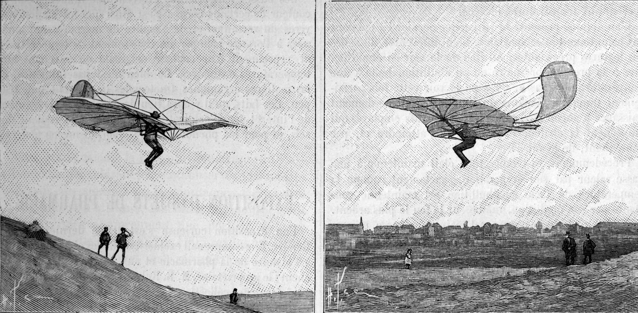 El avión volador de Otto Lilienthal (1848-1896), pionero de la aeronáutica alemana, en dos posiciones diferentes (de una fotografía instantánea). Grabado en “La Nature: revue des sciences et de leurs applications aux arts et a l