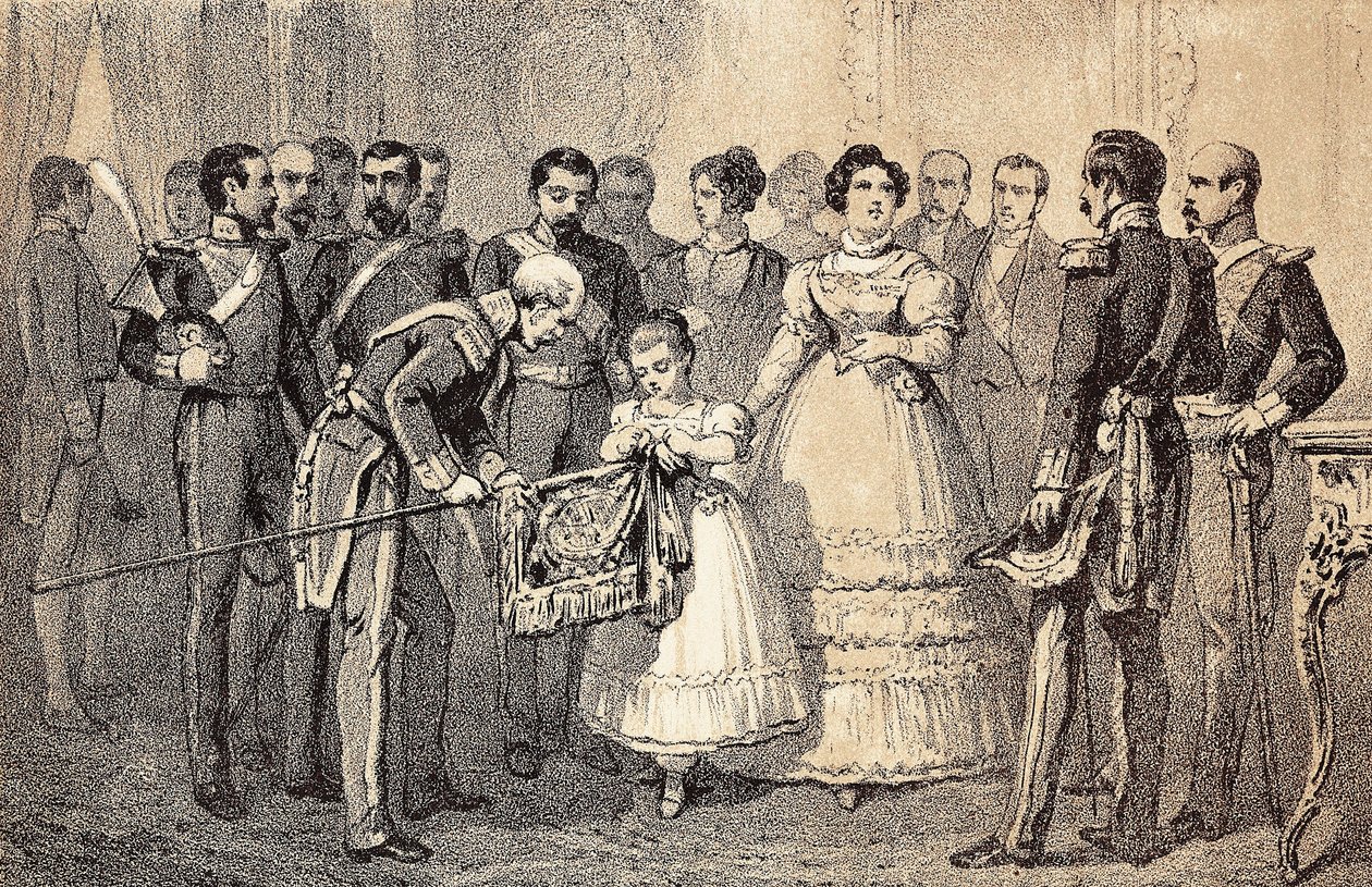 La futura Reina de España Isabel II (1830-1904) decorando la bandera de las Lanzas de la Guardia de la Orden de San Fernando. Litografía. de Unknown artist