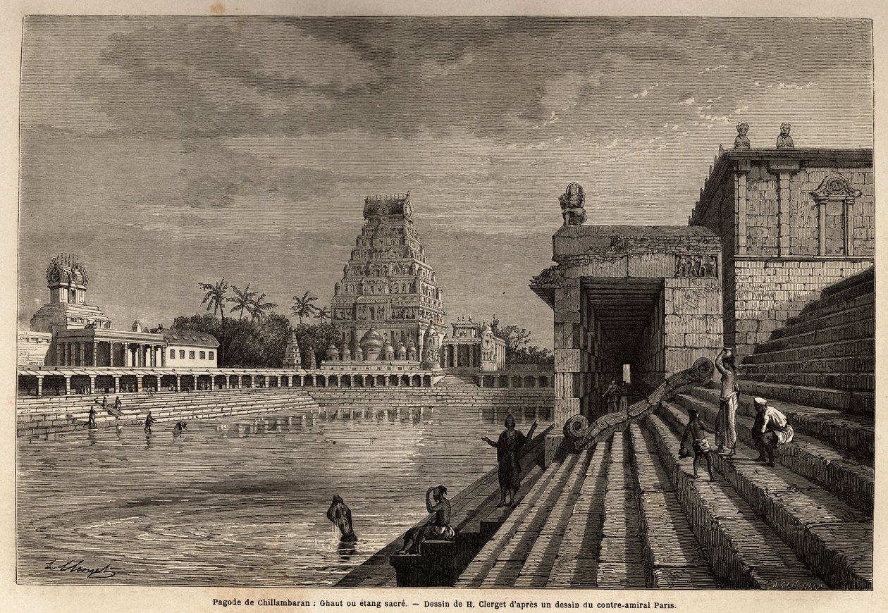 El ghaut o estanque sagrado de la Pagoda de Chillambaran, ubicado en el Golfo de Bengala, cerca de Pondichery (Pondicherry) (India); algunos fieles descienden la escalera monumental para tomar un baño o realizar abluciones de limpieza. Grabado para ilustra de Unknown artist