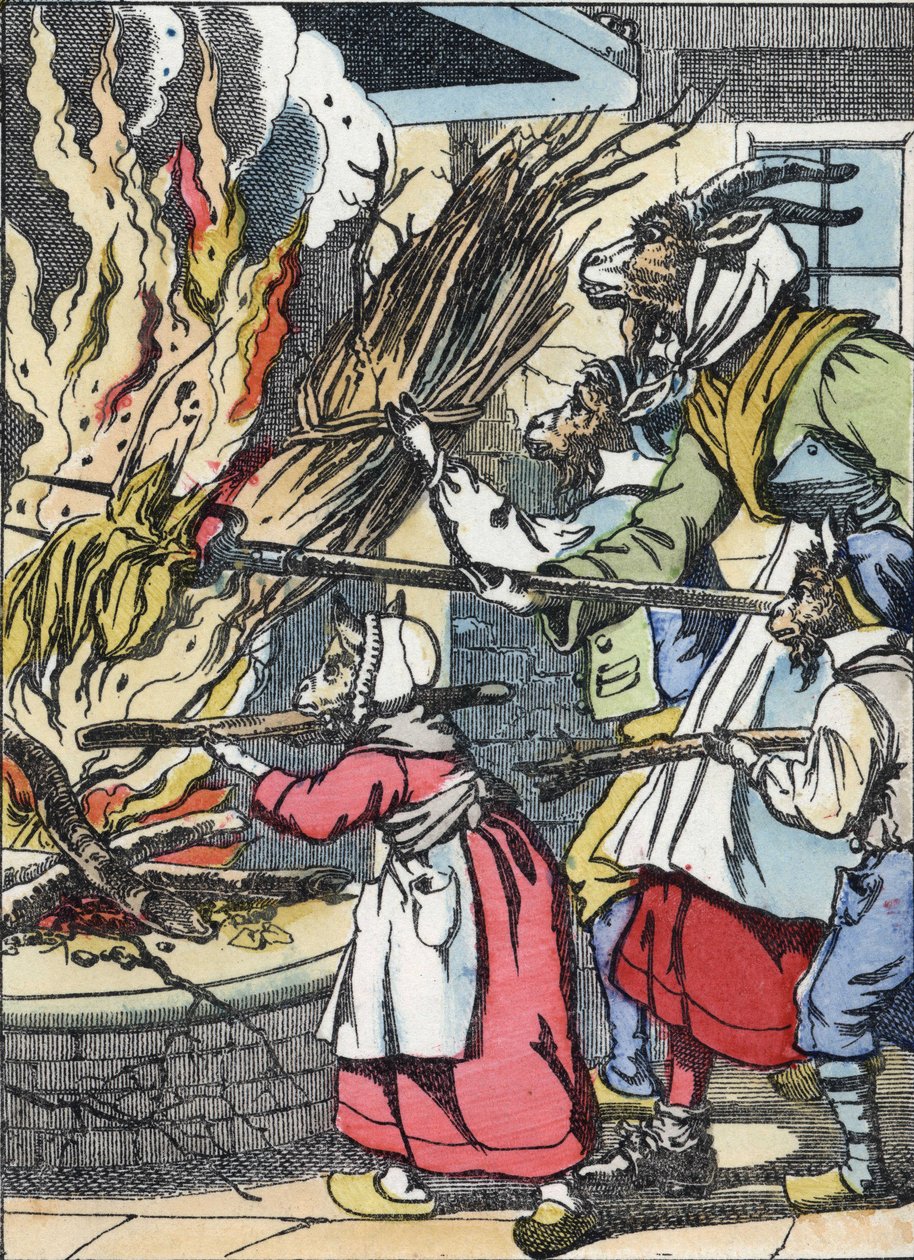 La cabra y los cabritillos encienden la chimenea. Ilustración del cuento “Compère le Loup, Maître Renard, Commère la Chèvre et ses petits biquets” después de una fábula de Jean de la Fontaine. En “Cuentos del hogar para los pequeños”. Grabado anónimo. de Unknown artist