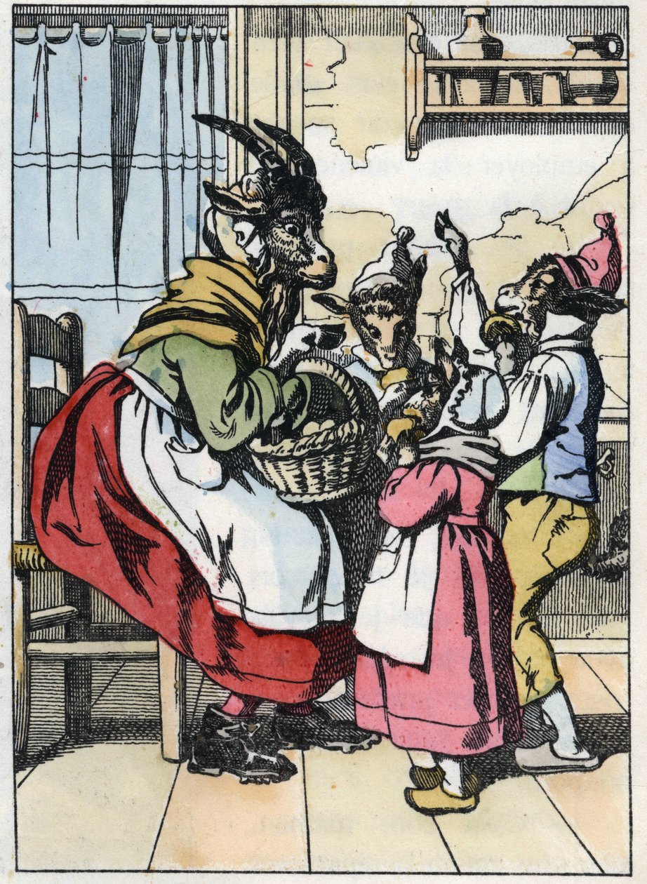 La cabra está fuera del mercado, escuchando la historia de los biquets. Ilustración del cuento "Compere le Loup, Maitre Renard, Comere la Chevre et ses petits biquets" después de una fábula de Jean de la Fontaine. En "Cuentos del hogar para los pequeños" de Unknown artist