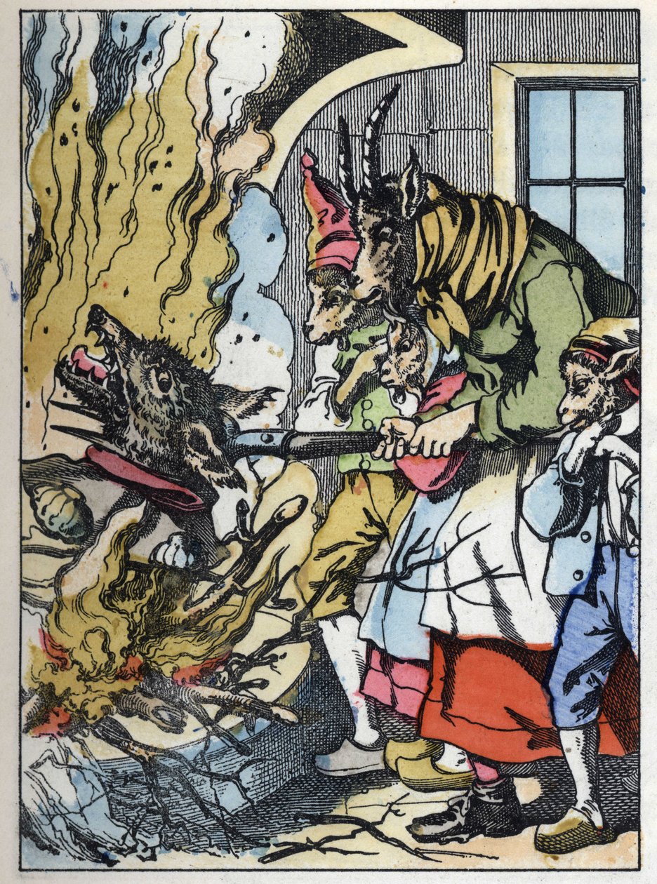 La cabra mata al lobo en la chimenea. Ilustración del cuento “Compere el Lobo, Maitre Renard, Comere la Cabra y sus pequeños cabritos” después de una fábula de Jean de la Fontaine. En “Cuentos del hogar para los pequeños”. Grabado anónimo del siglo XIX. de Unknown artist