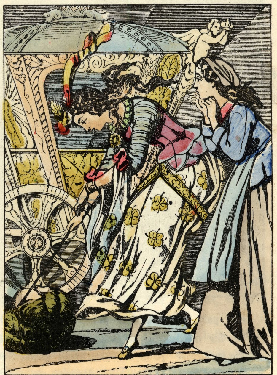 El hada madrina convierte la calabaza en un carruaje ante los ojos de Cenicienta. Ilustración del cuento de Charles Perrault “Cenicienta o La pequeña zapatilla de cristal”. de Unknown artist