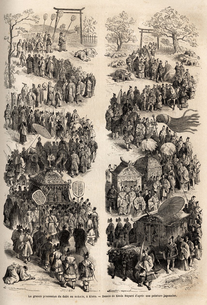 La gran procesión del Mikado (Emperador de Japón), en el dairi, el antiguo castillo imperial de Heian-kyo (actual Kioto) de 794 a 1869. Grabado para ilustrar el viaje a Japón en 1863-1864, por Aime Humbert, ministro de Suiza de Unknown artist