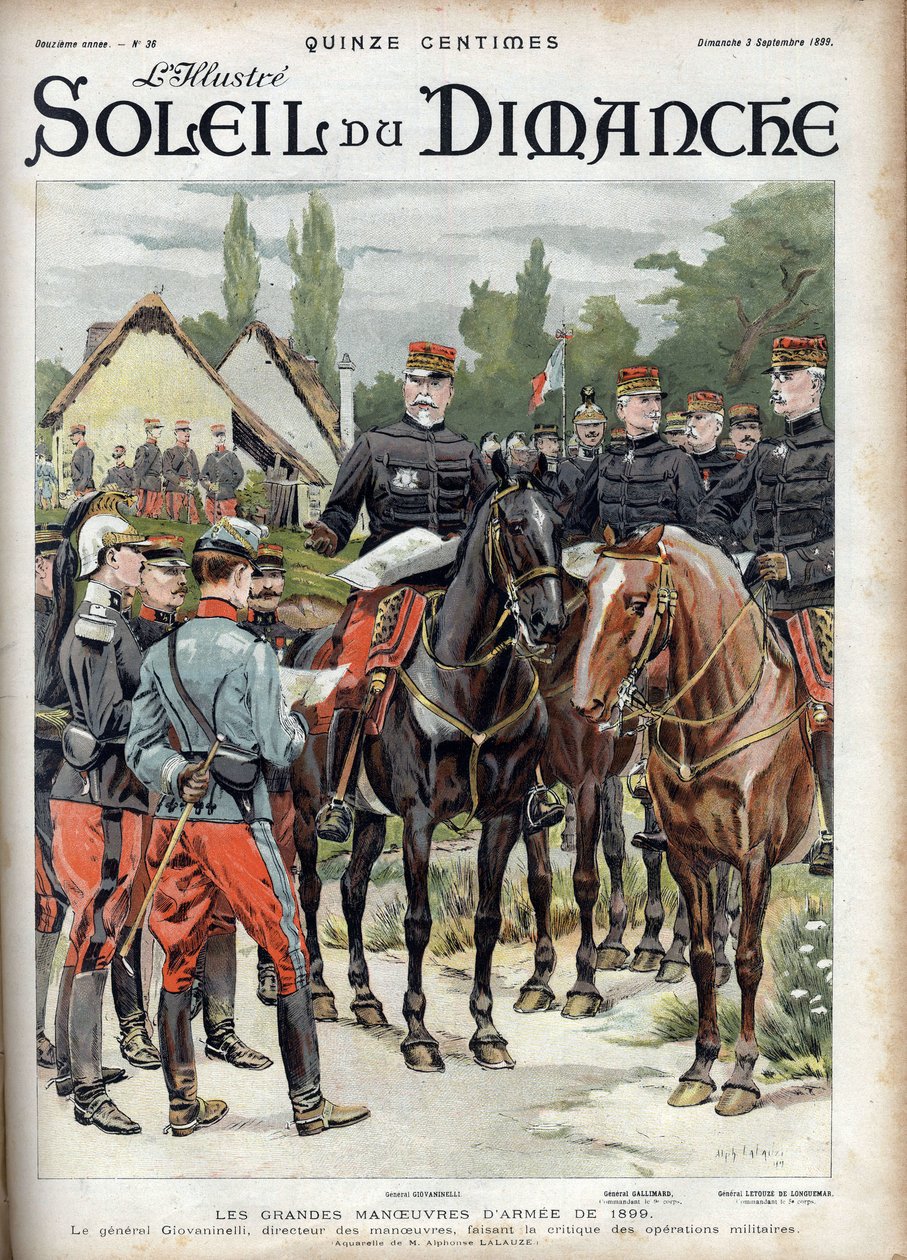 Las grandes maniobras del ejército de 1899. El general Giovaninelli, director de maniobras, criticando las operaciones militares. Grabado en "Le sun-du-dimanche", 3 de septiembre de 1899 de Unknown artist
