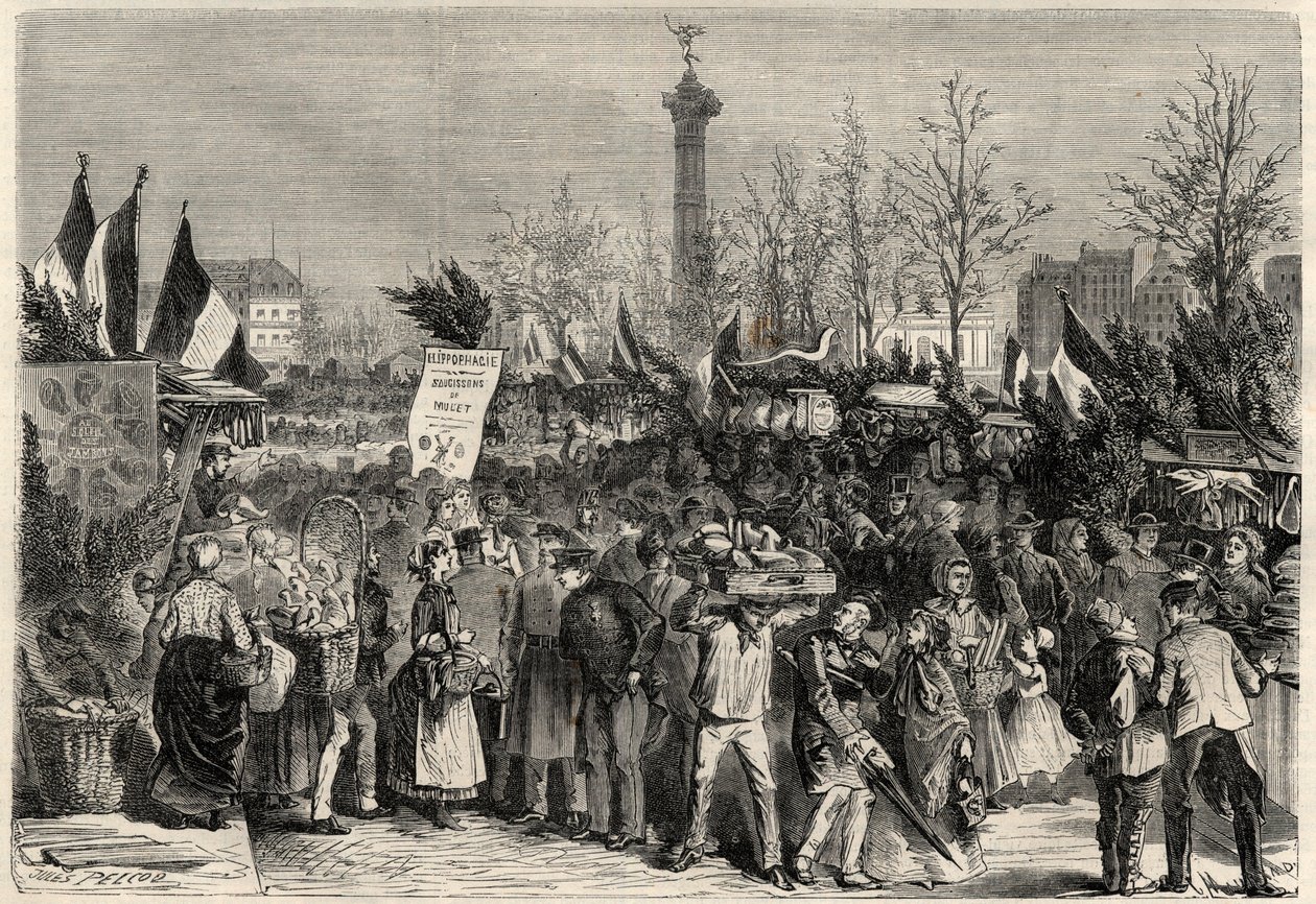 La feria del jamón, Boulevard Bourdon en el 4º distrito de París cerca de la Place de la Bastille. Un cartel anuncia carne de mújol (Hippophagia). Grabado en “The Universe illustrious”. de Unknown artist