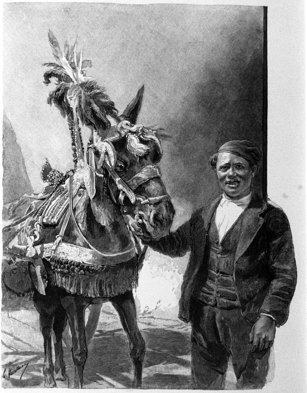 El arnés del burro de los carros sicilianos durante celebraciones tradicionales. Grabado del siglo XIX de Unknown artist