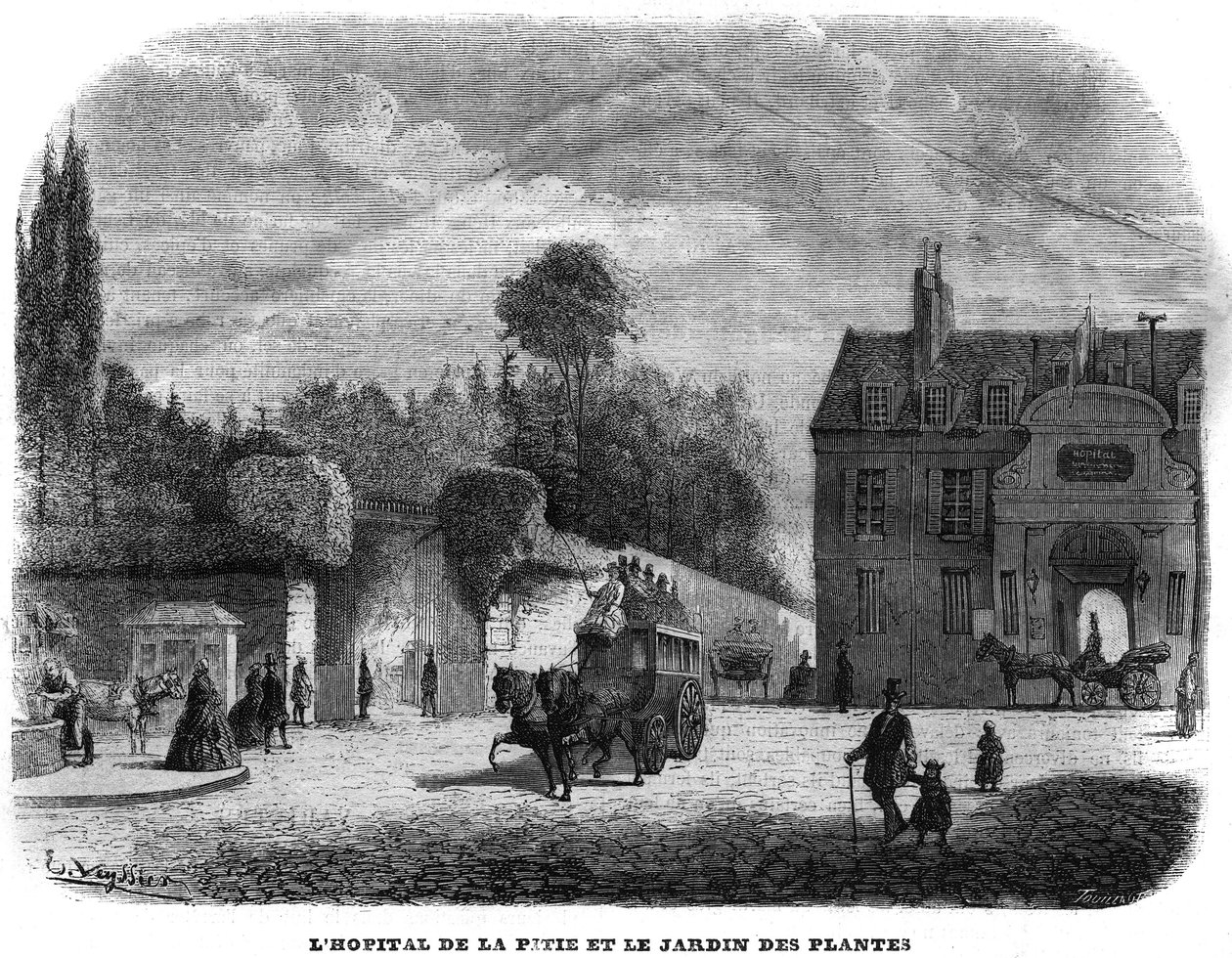 El hospital de la Pitié-Salpêtrière y el jardín de plantas en París en 1858. de Unknown artist