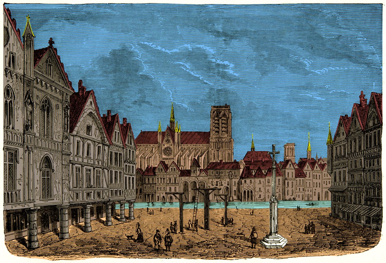 La casa con los pilares o casa del Delfín, antiguo y primer hotel de la ciudad de París en la Edad Media, Grabado siglo XIX de Unknown artist