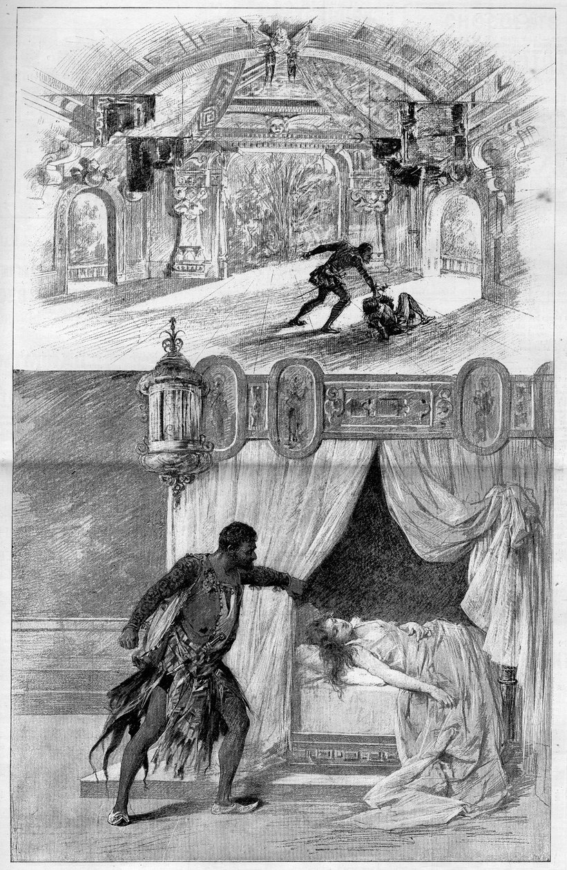El ilustre teatro: Otello (Othello), ópera de Giuseppe Verdi (1813-1901), compositor italiano, representada en el Teatro alla Scala de Milán el 12 de febrero. Grabado en “Le Monde Illustré” de Unknown artist