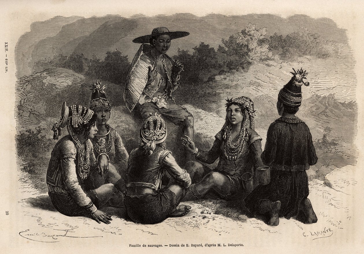 La población indígena de Xieng Hong (Laos), vistiendo trajes tradicionales, sobre su chaqueta, un cofre de terciopelo con adornos, con una falda o pantalones cortos completados por una pequeña gorra decorada. Grabado para ilustrar el viaje de exploración e de Unknown artist