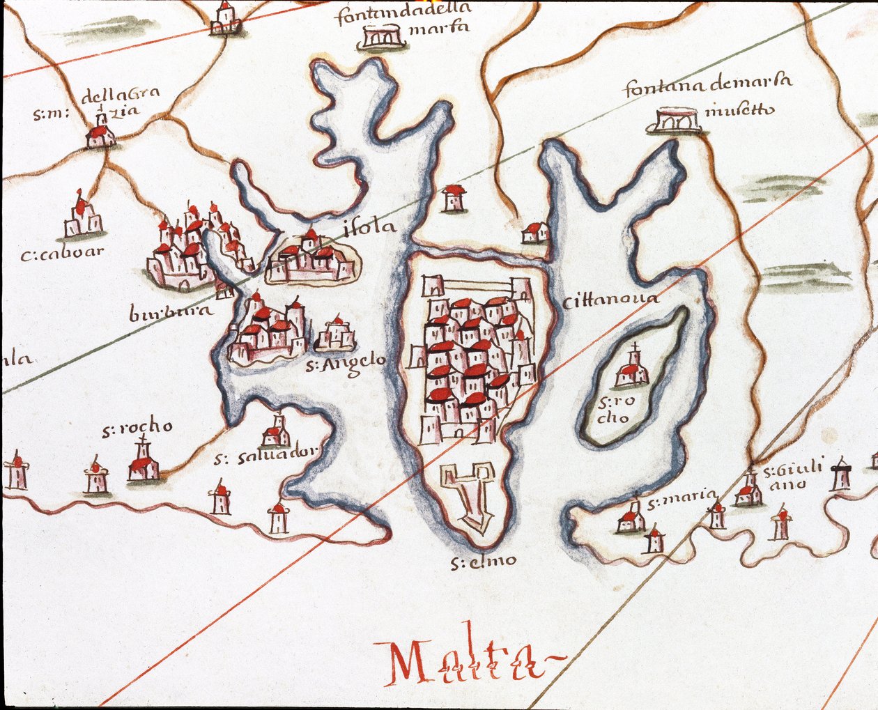 La isla de Malta, con el Fuerte San Elmo (Detalle del portulano de Castellini) de Unknown artist